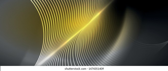 Shiny neon lights, dark abstract background with blurred magic neon light curved lines. Vector