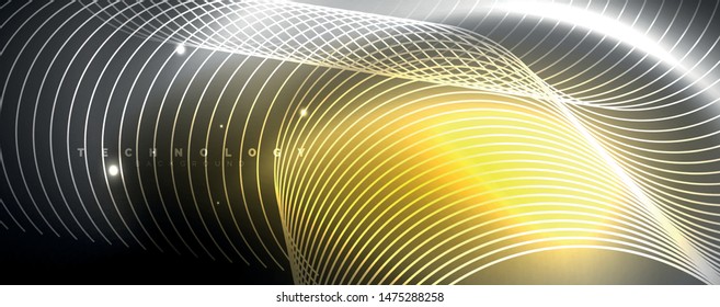Luces de neón brillantes, fondo abstracto oscuro con líneas curvadas de luz mágica borrosa de neón. Vector