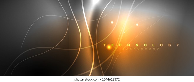 Shiny neon lights, dark abstract background with blurred magic neon light curved lines. Vector