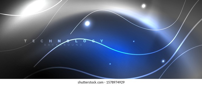 Luces de neón brillantes, fondo abstracto oscuro con líneas curvadas de luz mágica borrosa de neón. Vector