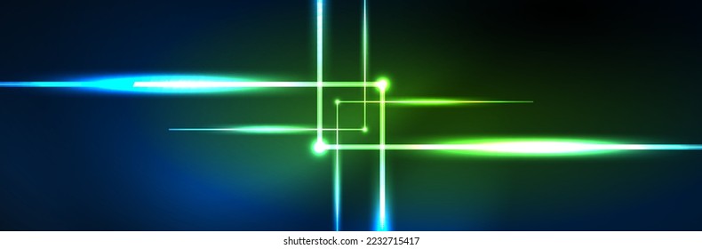 Shiny neon lights, dark abstract background with blurred magic neon light curved lines