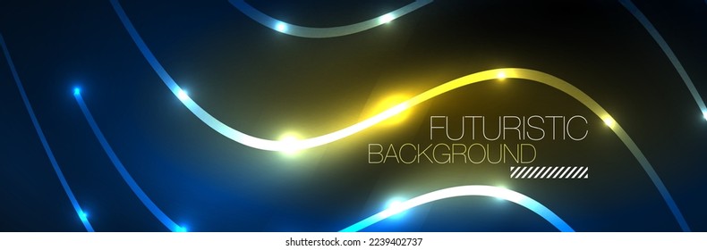 Shiny neon lights, dark abstract background with blurred magic neon light curved lines