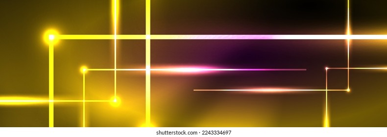 Shiny neon lights, dark abstract background with blurred magic neon light curved lines