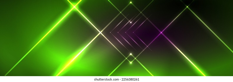 Luces de neón brillantes, fondo abstracto oscuro con líneas curvadas de luz de neón mágica borrosa