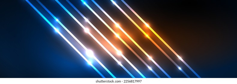 Shiny neon lights, dark abstract background with blurred magic neon light curved lines