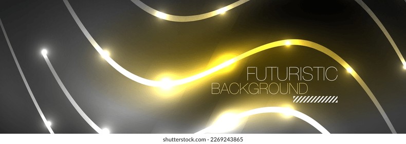 Shiny neon lights, dark abstract background with blurred magic neon light curved lines