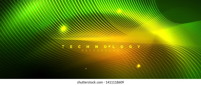 Shiny neon lines template - northern lights glowing blur lines. Futuristic style glow neon 80s disco club or night party techno template. Vector