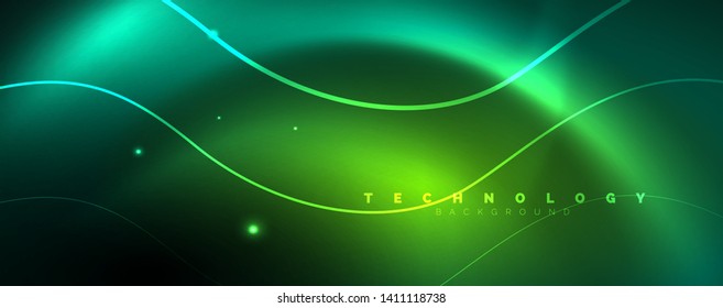 Shiny neon lines template - northern lights glowing blur lines. Futuristic style glow neon 80s disco club or night party techno template. Vector