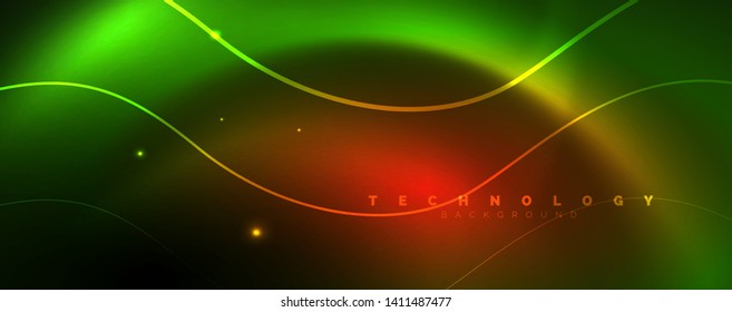 Shiny neon lines template - northern lights glowing blur lines. Futuristic style glow neon 80s disco club or night party techno template. Vector