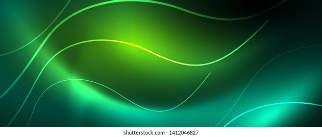 Shiny neon lines template - northern lights glowing blur lines. Futuristic style glow neon 80s disco club or night party techno template. Vector