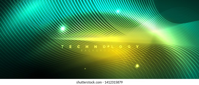 Shiny neon lines template - northern lights glowing blur lines. Futuristic style glow neon 80s disco club or night party techno template. Vector