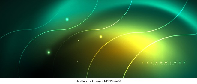 Shiny neon lines template - northern lights glowing blur lines. Futuristic style glow neon 80s disco club or night party techno template. Vector