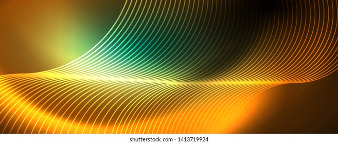 Shiny neon lines template - northern lights glowing blur lines. Futuristic style glow neon 80s disco club or night party techno template. Vector