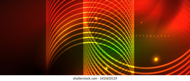 Shiny neon lines template - northern lights glowing blur lines. Futuristic style glow neon 80s disco club or night party techno template. Vector