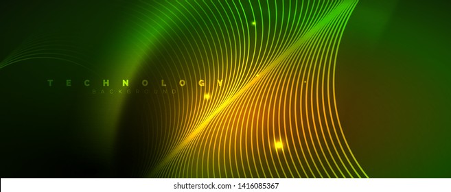 Shiny neon lines template - northern lights glowing blur lines. Futuristic style glow neon 80s disco club or night party techno template. Vector