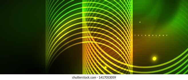 Shiny neon lines template - northern lights glowing blur lines. Futuristic style glow neon 80s disco club or night party techno template. Vector