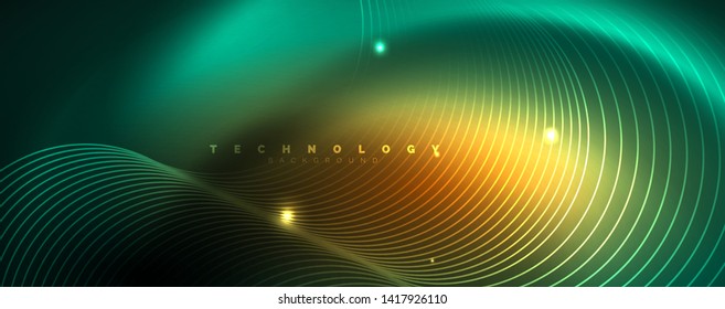 Shiny neon lines template - northern lights glowing blur lines. Futuristic style glow neon 80s disco club or night party techno template. Vector