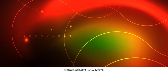 Shiny neon lines template - northern lights glowing blur lines. Futuristic style glow neon 80s disco club or night party techno template. Vector