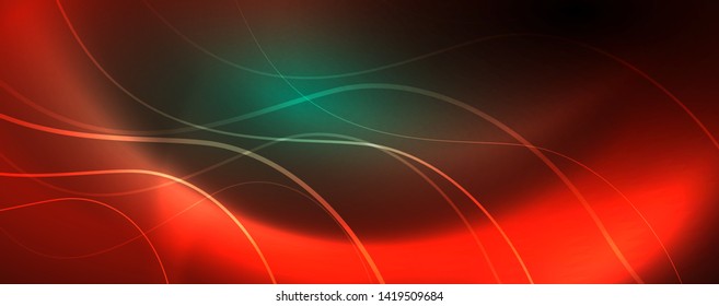 Shiny neon lines template - northern lights glowing blur lines. Futuristic style glow neon 80s disco club or night party techno template. Vector