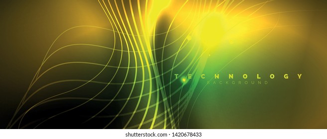 Modelo de linhas de néon brilhante - luzes do norte brilhando linhas de desfoque. Estilo futurista brilho neon 80s discoteca ou festa noturna techno modelo. Vetor