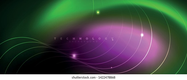 Shiny neon lines template - northern lights glowing blur lines. Futuristic style glow neon 80s disco club or night party techno template. Vector