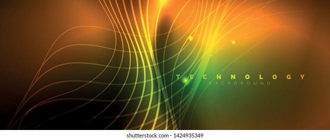 Shiny neon lines template - northern lights glowing blur lines. Futuristic style glow neon 80s disco club or night party techno template. Vector