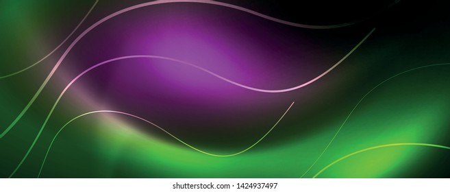 Shiny neon lines template - northern lights glowing blur lines. Futuristic style glow neon 80s disco club or night party techno template. Vector