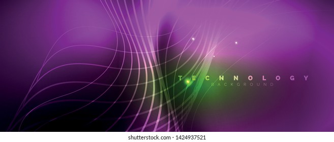 Shiny neon lines template - northern lights glowing blur lines. Futuristic style glow neon 80s disco club or night party techno template. Vector
