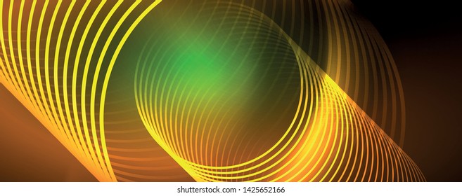 Shiny neon lines template - northern lights glowing blur lines. Futuristic style glow neon 80s disco club or night party techno template. Vector