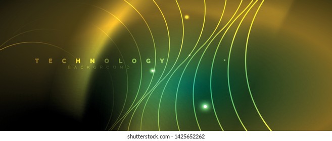 Shiny neon lines template - northern lights glowing blur lines. Futuristic style glow neon 80s disco club or night party techno template. Vector