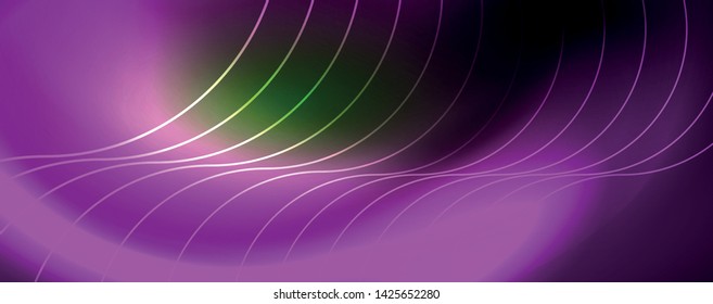 Shiny neon lines template - northern lights glowing blur lines. Futuristic style glow neon 80s disco club or night party techno template. Vector