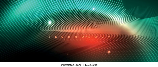 Shiny neon lines template - northern lights glowing blur lines. Futuristic style glow neon 80s disco club or night party techno template. Vector