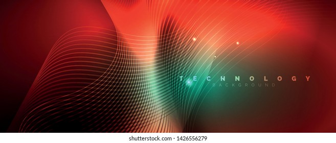 Shiny neon lines template - northern lights glowing blur lines. Futuristic style glow neon 80s disco club or night party techno template. Vector