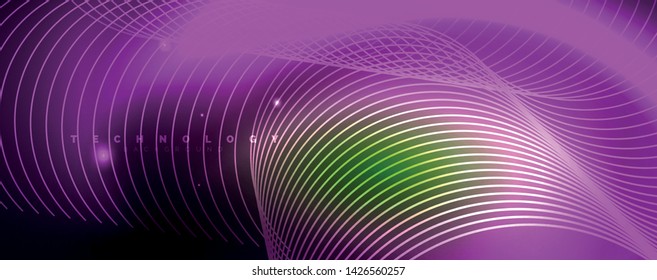 Shiny neon lines template - northern lights glowing blur lines. Futuristic style glow neon 80s disco club or night party techno template. Vector