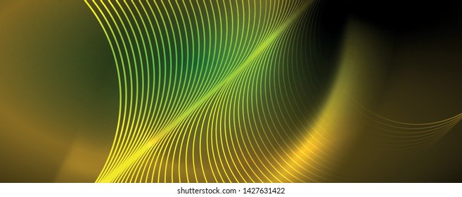 Shiny neon lines template - northern lights glowing blur lines. Futuristic style glow neon 80s disco club or night party techno template. Vector