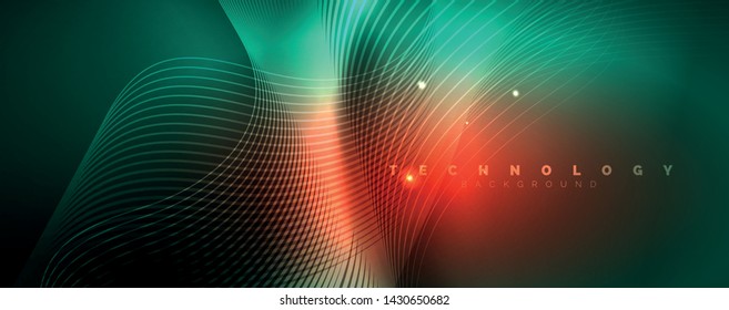 Shiny neon lines template - northern lights glowing blur lines. Futuristic style glow neon 80s disco club or night party techno template. Vector