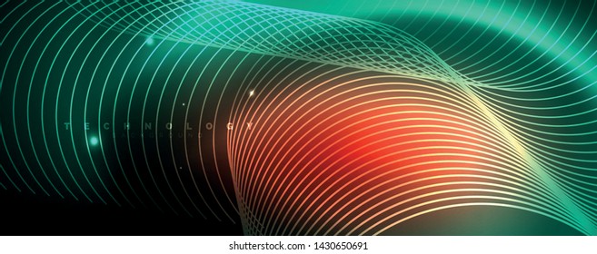 Shiny neon lines template - northern lights glowing blur lines. Futuristic style glow neon 80s disco club or night party techno template. Vector