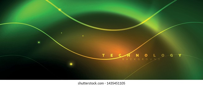 Shiny neon lines template - northern lights glowing blur lines. Futuristic style glow neon 80s disco club or night party techno template. Vector