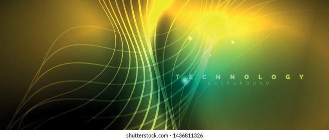 Shiny neon lines template - northern lights glowing blur lines. Futuristic style glow neon 80s disco club or night party techno template. Vector