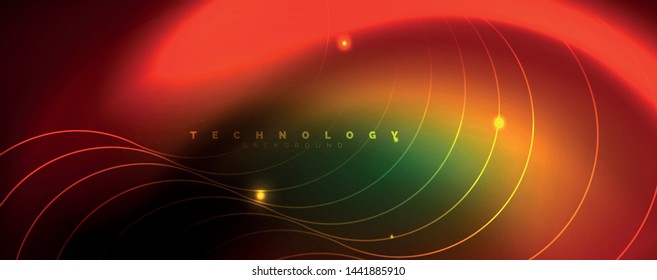 Shiny neon lines template - northern lights glowing blur lines. Futuristic style glow neon 80s disco club or night party techno template. Vector