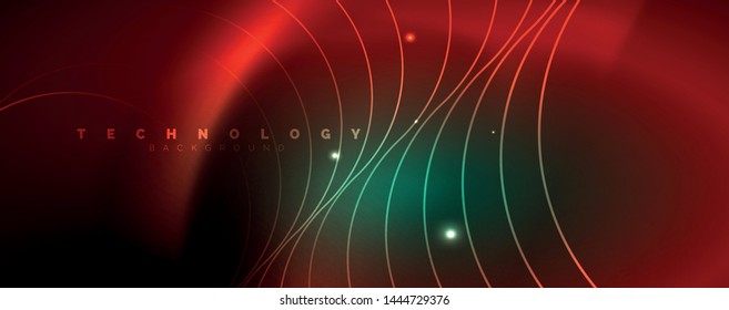 Shiny neon lines template - northern lights glowing blur lines. Futuristic style glow neon 80s disco club or night party techno template. Vector