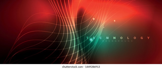 Shiny neon lines template - northern lights glowing blur lines. Futuristic style glow neon 80s disco club or night party techno template. Vector