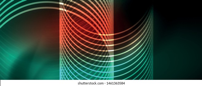 Shiny neon lines template - northern lights glowing blur lines. Futuristic style glow neon 80s disco club or night party techno template. Vector
