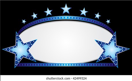 Shiny neon stars over blue oval banner