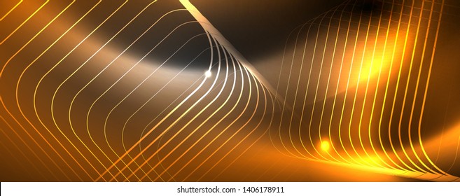 Plantilla tecno de neón brillante. Fondo de líneas de neón, rayos láser al estilo de los años 80. Vector