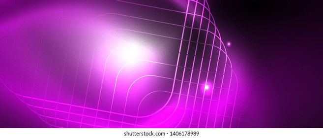 Plantilla tecno de neón brillante. Fondo de líneas de neón, rayos láser al estilo de los años 80. Vector