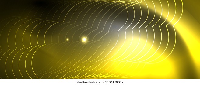 Plantilla tecno de neón brillante. Fondo de líneas de neón, rayos láser al estilo de los años 80. Vector