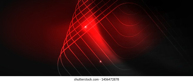 Plantilla tecno de neón brillante. Fondo de líneas de neón, rayos láser al estilo de los años 80. Vector