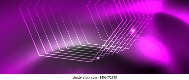 Leuchtende Neontechno-Vorlage. Neonfarbener Hintergrund, Laserstrahlen im Stil der 80er Jahre. Vektorgrafik