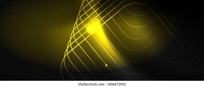 Plantilla tecno de neón brillante. Fondo de líneas de neón, rayos láser al estilo de los años 80. Vector